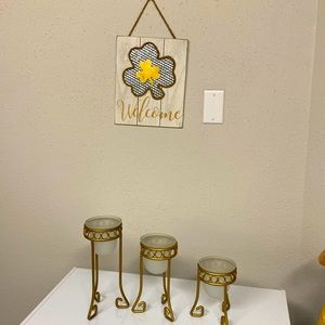 Gold plated candle holders. Thick glass a little heavyweight used,good condition